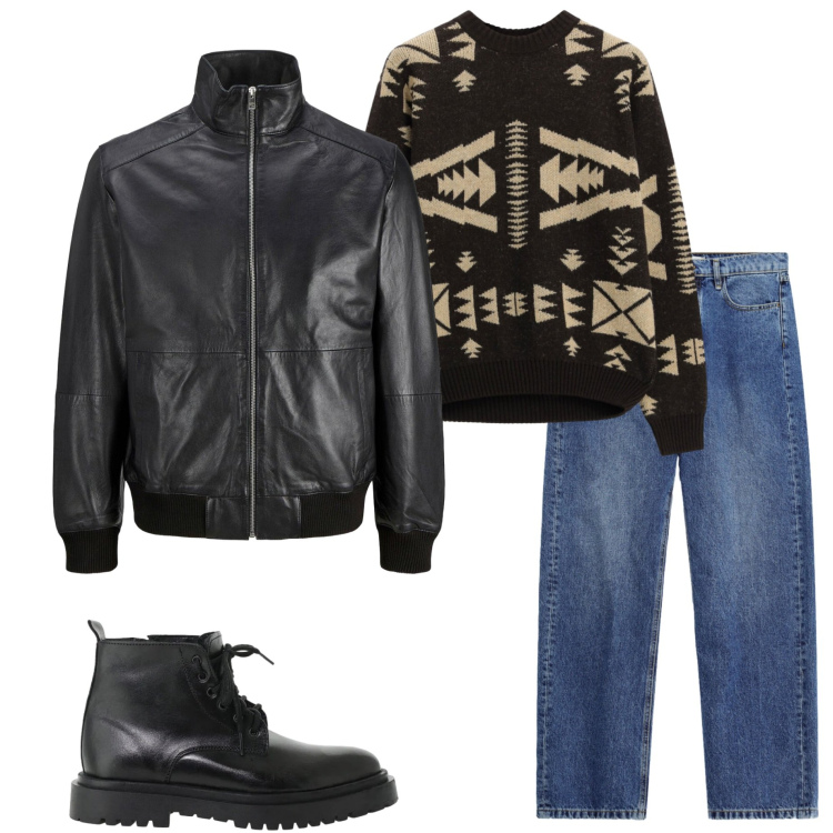 Outfit uomo - Denim e leather. Stile Casual per Tutti i giorni. Abbinamento con maglieria, anfibi, jeans, giacche.