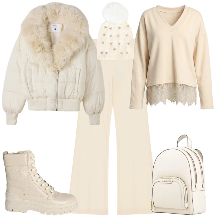 Outfit donna - Sporty chic week end in montagna. Stile Sporty chic per Tutti i giorni. Abbinamento con pantaloni, felpe, cappelli, stivaletti, zaini, bomber.