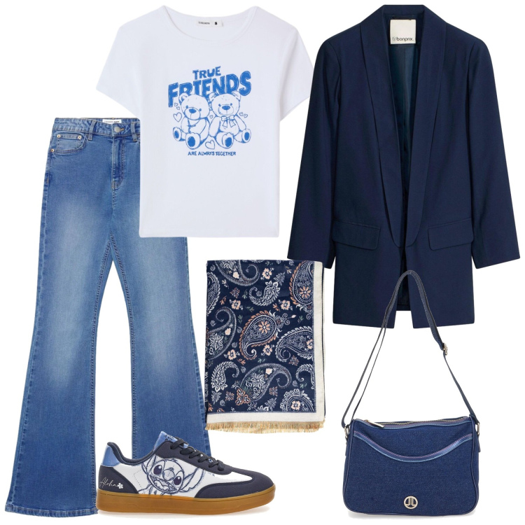 Outfit donna - Comfort zone. Stile Casual per Ufficio. Abbinamento con blazer, jeans a zampa, t-shirt, sciarpe, borse a tracolla, sneakers.