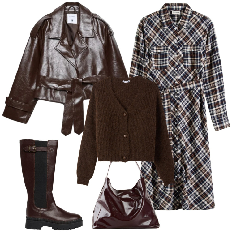 Outfit donna - Stile British ufficio tempo libero. Stile Casual chic per Tutti i giorni. Abbinamento con cardigans, trench, shopping bag, stivali, vestiti chemisier.