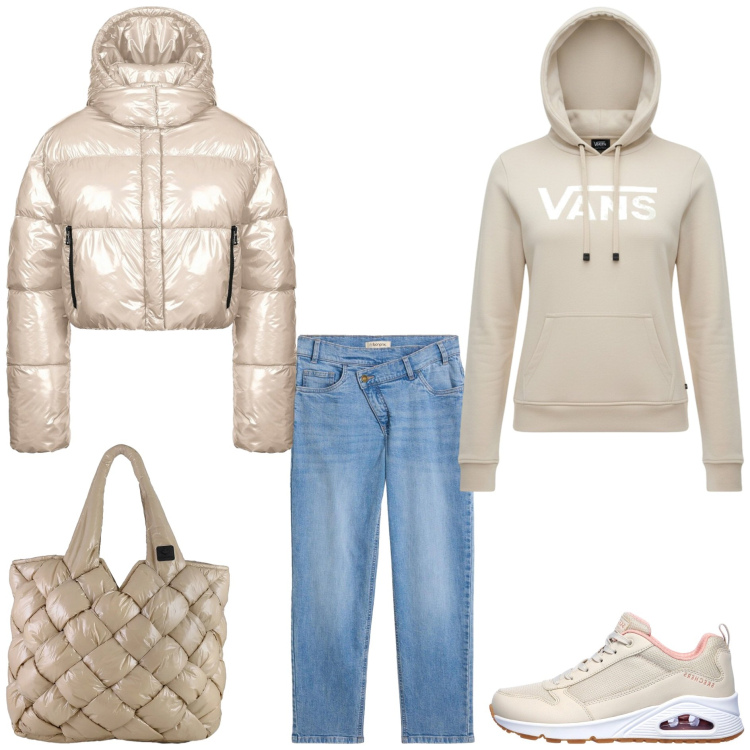 Outfit donna - Weekend Out of Town. Stile Basic per Tutti i giorni. Abbinamento con piumini, borse tote, sneakers, jeans mom, felpe con cappuccio.