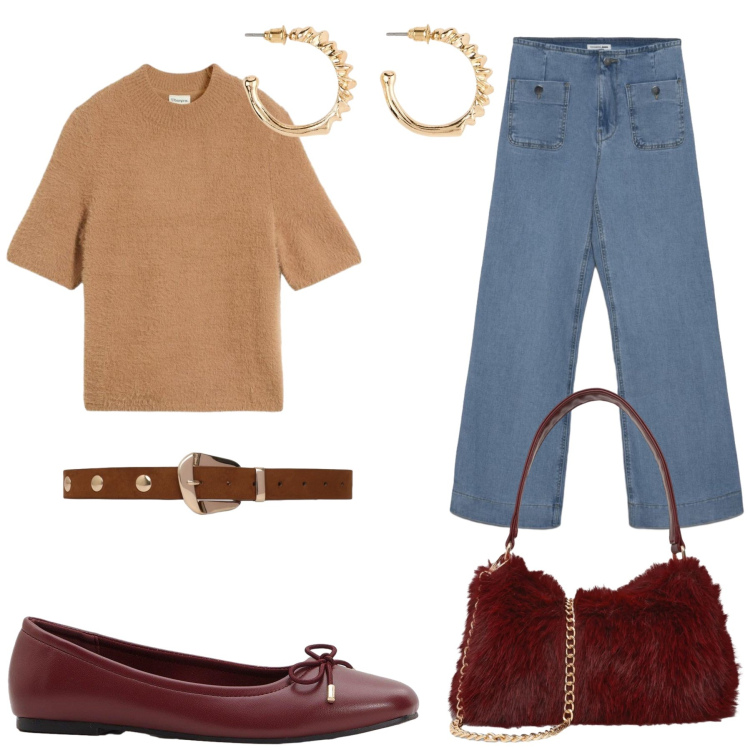 Outfit donna - Effortless classics. Stile Casual chic per Ufficio. Abbinamento con jeans, borse a spalla, cinture, maglieria, ballerine, orecchini.
