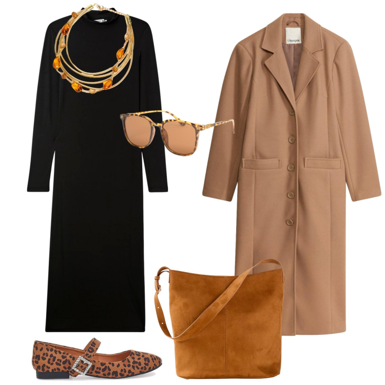 Outfit donna - Total look #2493809. Stile Casual chic per Serata fuori. Abbinamento con borse a mano, cappotti, vestiti lunghi, collane, occhiali da sole, ballerine.