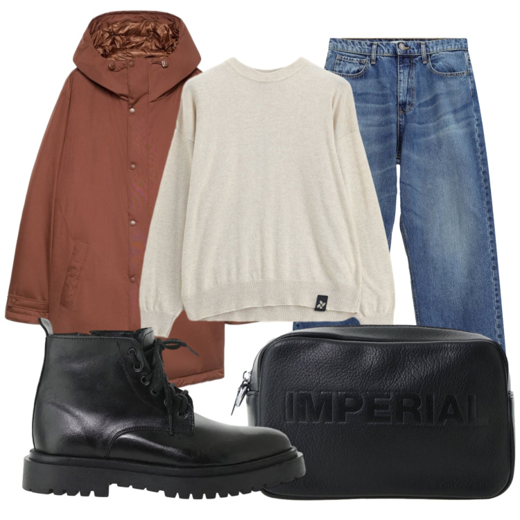 Outfit uomo - Weekend fuori porta. Stile Trendy per Tutti i giorni. Abbinamento con jeans, maglieria, anfibi, portafogli, parka.