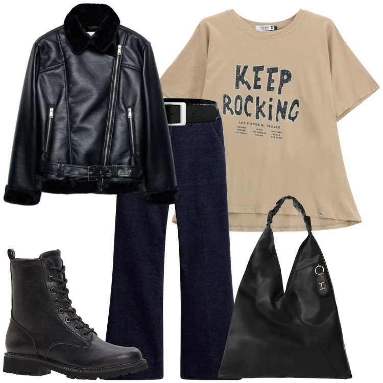 Outfit donna - Intramontabile nero. Stile Casual per Tutti i giorni. Abbinamento con borse a spalla, t-shirt, giacche, cinture, stivaletti, pantaloni.