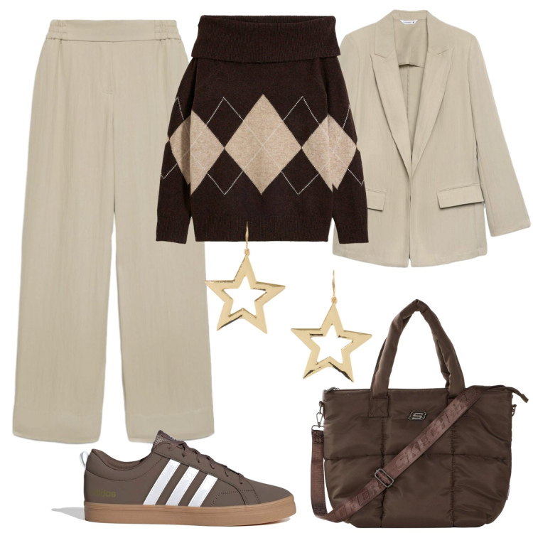 Outfit donna - Weekend casual chic. Stile Casual chic per Tutti i giorni. Abbinamento con blazer, pantaloni, orecchini, sneakers, shopping bag, pullovers.