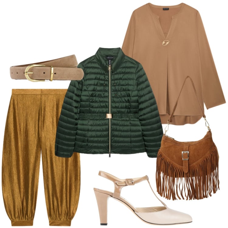 Outfit donna - Blusa in raso. Stile Basic per Tutti i giorni. Abbinamento con borse a spalla, bluse, piumini, pantaloni, décolleté, cinture.