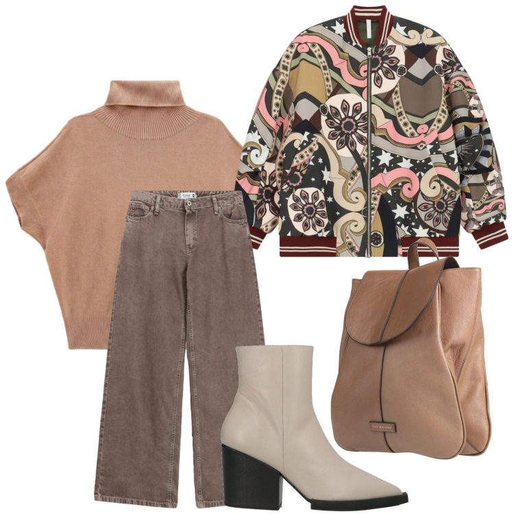 Outfit donna - Bomber stampato. Stile Casual per Tutti i giorni. Abbinamento con bomber, t-shirt, jeans dritti, zaini, stivaletti.
