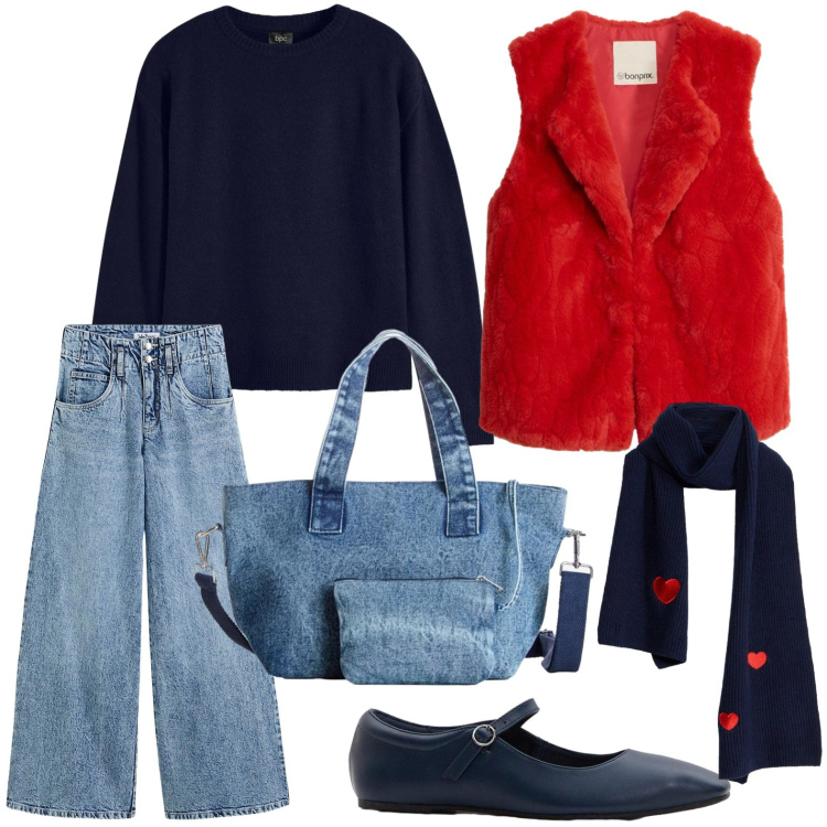 Outfit donna - Gilet vivace. Stile Trendy per Scuola/Università. Abbinamento con piumini, jeans, maglieria, sciarpa copricapo marrone, ballerine, borse a mano.