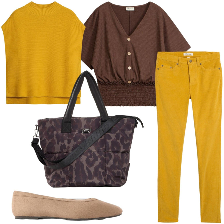 Outfit donna - Tempo di velluto. Stile Trendy per Ufficio. Abbinamento con maglieria, bluse, shopping bag, ballerine, pantaloni.
