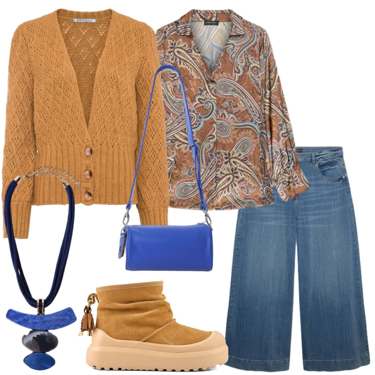 Outfit donna - Armonie di colori. Stile Glamour per Tutti i giorni. Abbinamento con borse a tracolla, bluse, jeans, ciondoli, cardigans, stivali.