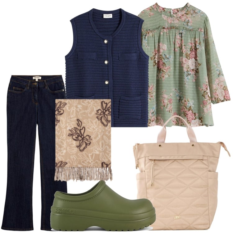 Outfit donna - Sciarpa floreale. Stile Casual per Tutti i giorni. Abbinamento con sciarpe, jeans bootcut, tuniche, sandali, maglieria, zaini.