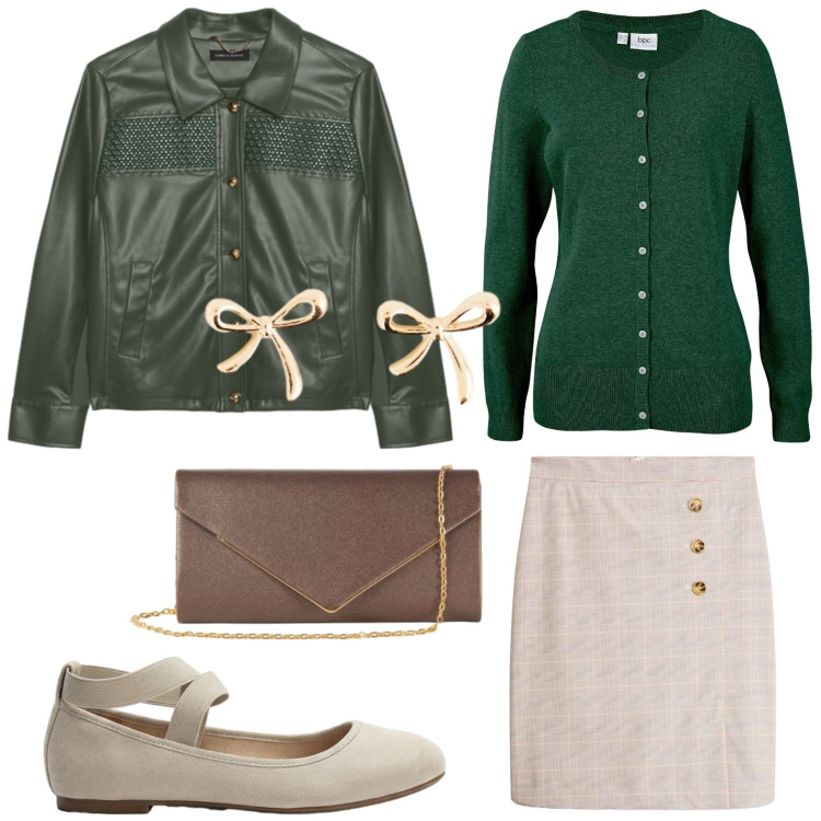 Outfit donna - Giacca biker. Stile Trendy per Ufficio. Abbinamento con blazer, clutch, gonne longuette, cardigans, ballerine, orecchini.
