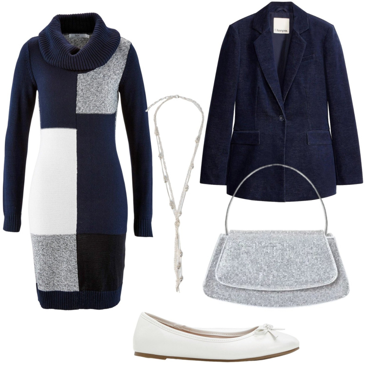 Outfit donna - Abito grafico. Stile Basic per Ufficio. Abbinamento con collane, borse a spalla, vestiti, blazer, ballerine.