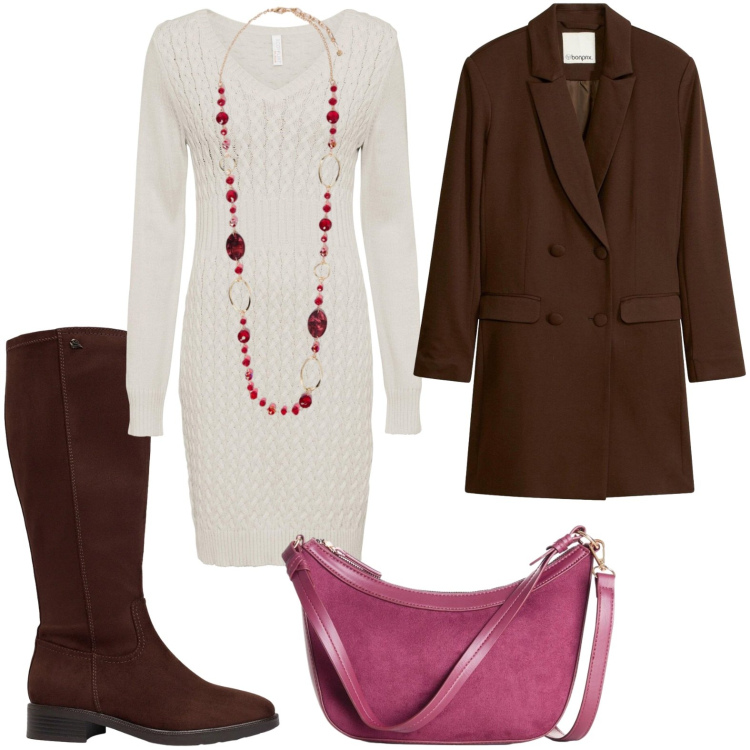 Outfit donna - Collana intrigante. Stile Casual per Tutti i giorni. Abbinamento con collane, stivali, vestiti, borse a tracolla, blazer.
