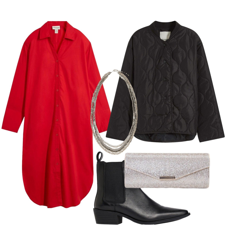 Outfit donna - Abito chemisier rubino. Stile Bon Ton per Serata fuori. Abbinamento con collane, clutch, vestiti chemisier, giacche, stivaletti.