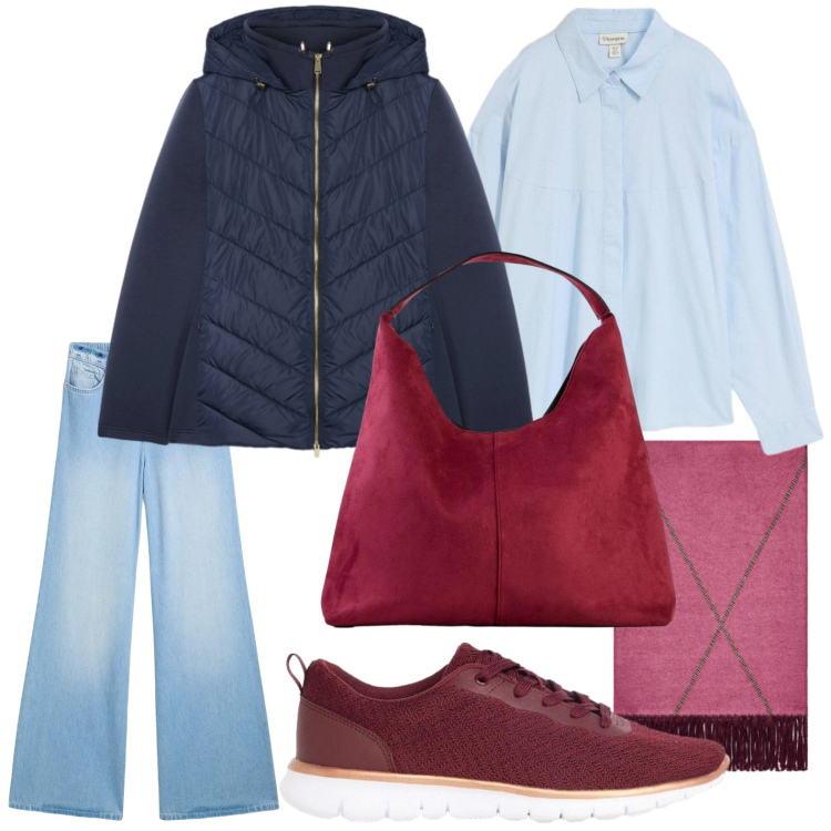 Outfit donna - Borsa shopper. Stile Chic per Tutti i giorni. Abbinamento con piumini, sciarpe, sneakers, jeans, borse a spalla, camicie.
