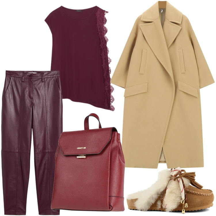 Outfit donna - Cappotto over. Stile Casual per Ufficio. Abbinamento con cappotti, top, zaini, pantaloni, sabot.