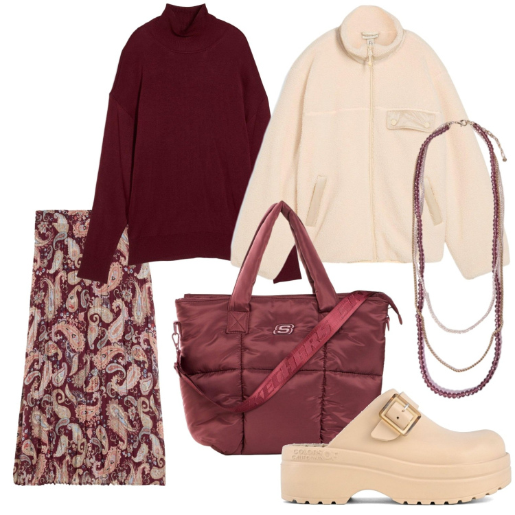 Outfit donna - Gonna fantasia. Stile Casual per Tutti i giorni. Abbinamento con collane, sandali, maglieria, caban, shopping bag, gonne.