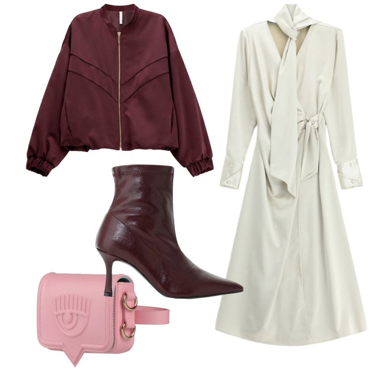 Outfit donna - Scollo a drappeggio. Stile Casual per Tutti i giorni. Abbinamento con vestiti lunghi, bomber, stivaletti, marsupi.