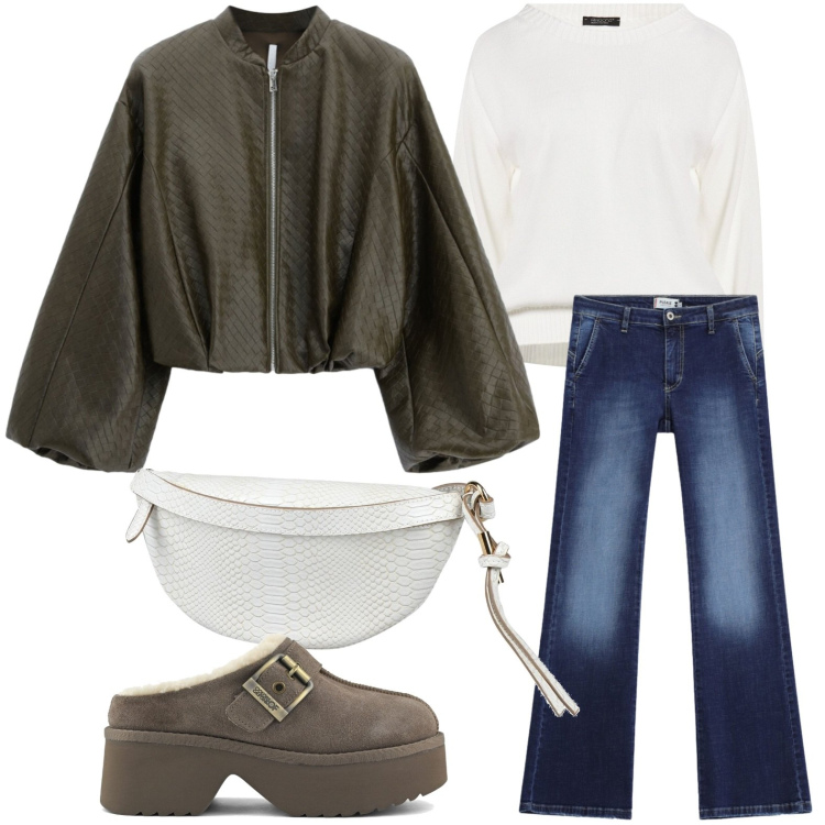 Outfit donna - Jeans flare. Stile Casual per Tutti i giorni. Abbinamento con bomber, jeans, pullovers, marsupi, sabot.