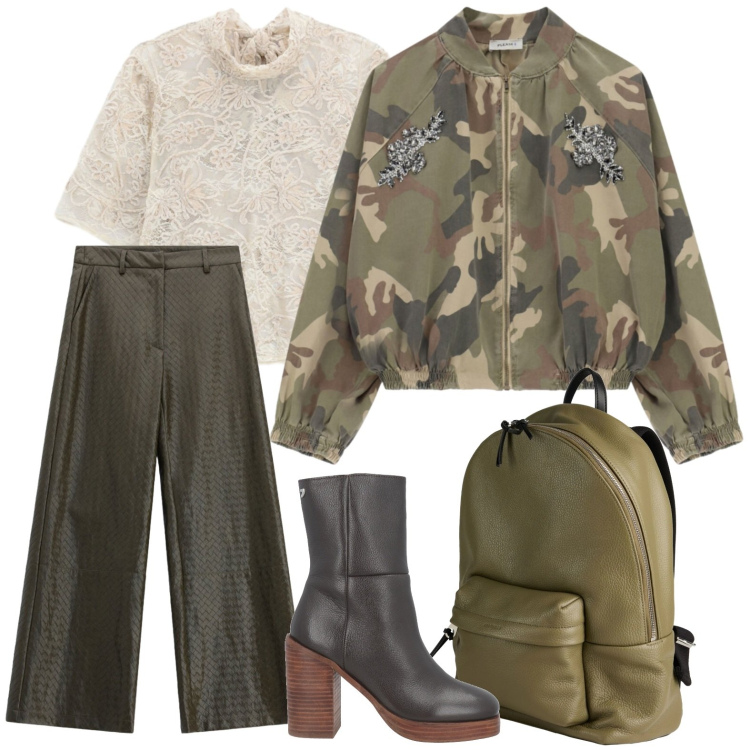 Outfit donna - Stampa mimetica. Stile Glamour per Tutti i giorni. Abbinamento con pantaloni a palazzo, top, bomber, stivaletti, zaini.