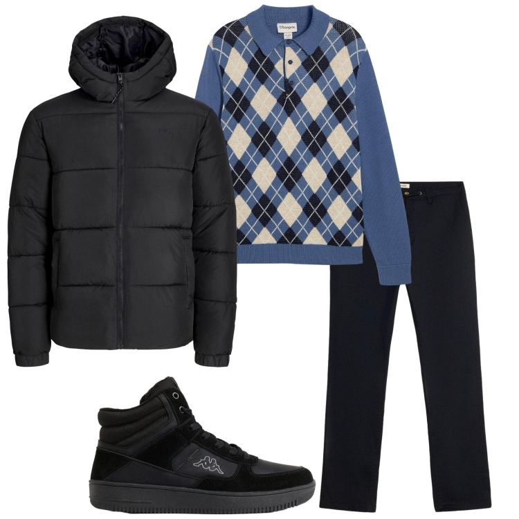 Outfit uomo - Urban autunnale. Stile Urban per Tutti i giorni. Abbinamento con sneakers alte, piumini, pantaloni chino, maglieria.