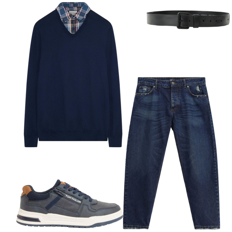Outfit uomo - In ufficio. Stile Casual per Ufficio. Abbinamento con jeans, cinture, sneakers, maglieria.