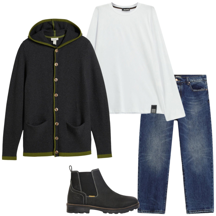 Outfit uomo - Cardigan con il cappuccio. Stile Casual per Tutti i giorni. Abbinamento con t-shirt, jeans dritti, cardigans, stivali e stivaletti.