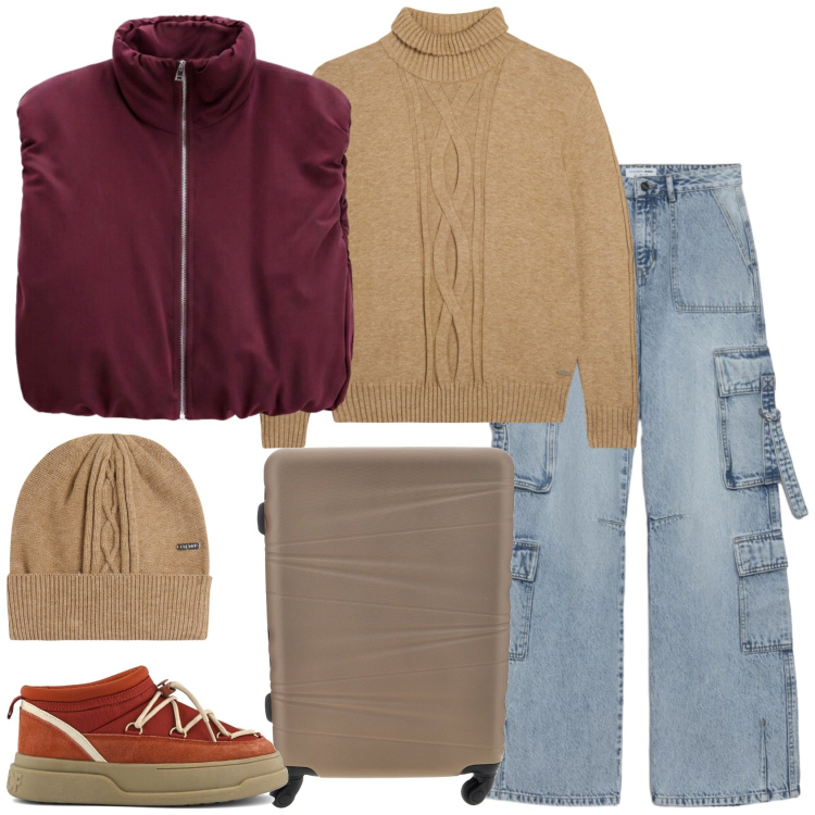 Outfit donna - In montagna. Stile Casual per Tutti i giorni. Abbinamento con piumini, maglieria, berretti, jeans, stivaletti, valigie.