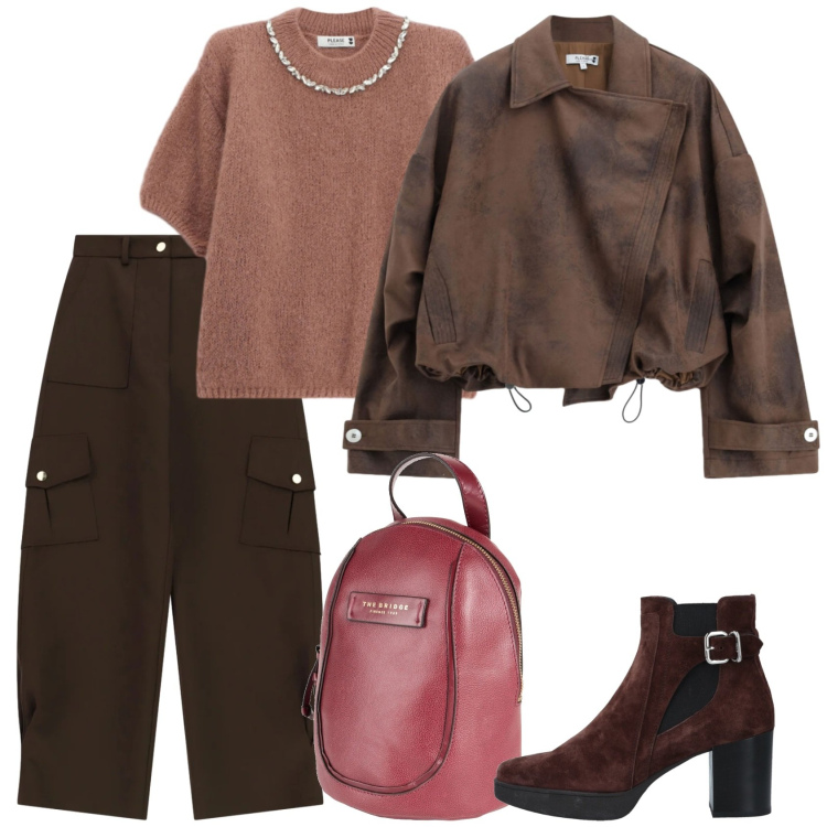 Outfit donna - Cargo. Stile Casual chic per Ufficio. Abbinamento con pantaloni cargo, bomber, maglieria, zaini, stivaletti chelsea.