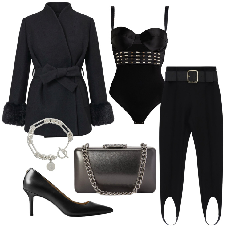 Outfit donna - Ottobre. Stile Glamour per Serata fuori. Abbinamento con pantaloni, braccialetti, décolleté, clutch, cappotti, body.