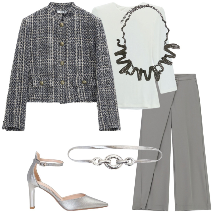 Outfit donna - Cena fuori. Stile Chic per Serata fuori. Abbinamento con pantaloni a palazzo, t-shirt, ciondoli, cappotti, décolleté, cinture.