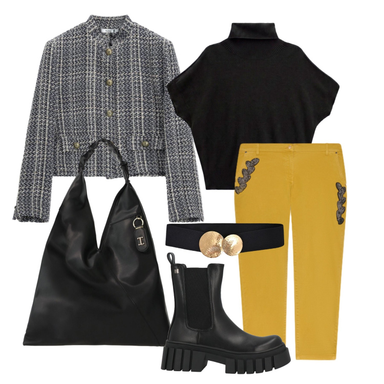 Outfit donna - Ottobre. Stile Casual chic per Tutti i giorni. Abbinamento con pullovers, borse a spalla, pantaloni chino, cappotti, cinture, stivaletti.