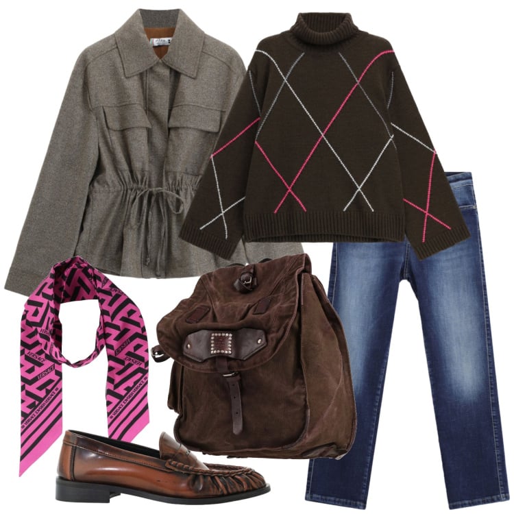 Outfit donna - Ottobre. Stile Casual per Tutti i giorni. Abbinamento con pullovers, mocassini, cappotti, jeans dritti, zaini, sciarpe.