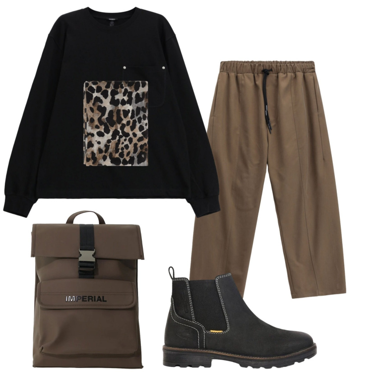 Outfit uomo - Total look #2493964. Stile Trendy per Tutti i giorni. Abbinamento con pantaloni, borse sportive, t-shirt, sciarpe e foulard, stivali e stivaletti.