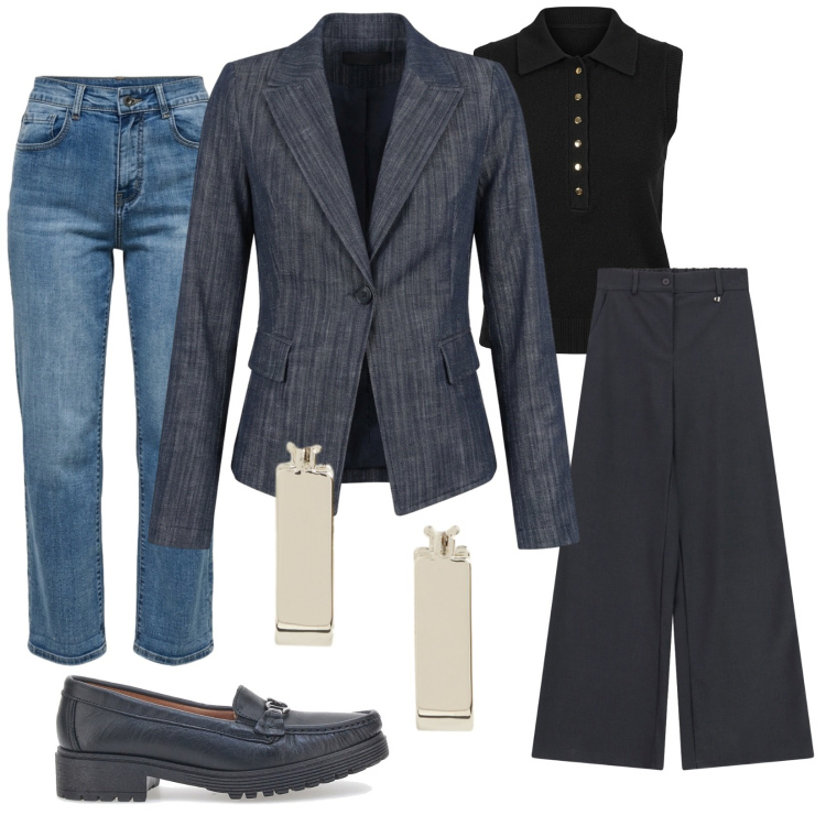 Outfit donna - Nel mio guardaroba. Stile Casual per Tutti i giorni. Abbinamento con orecchini, pantaloni a palazzo, blazer, jeans dritti, top, mocassini.