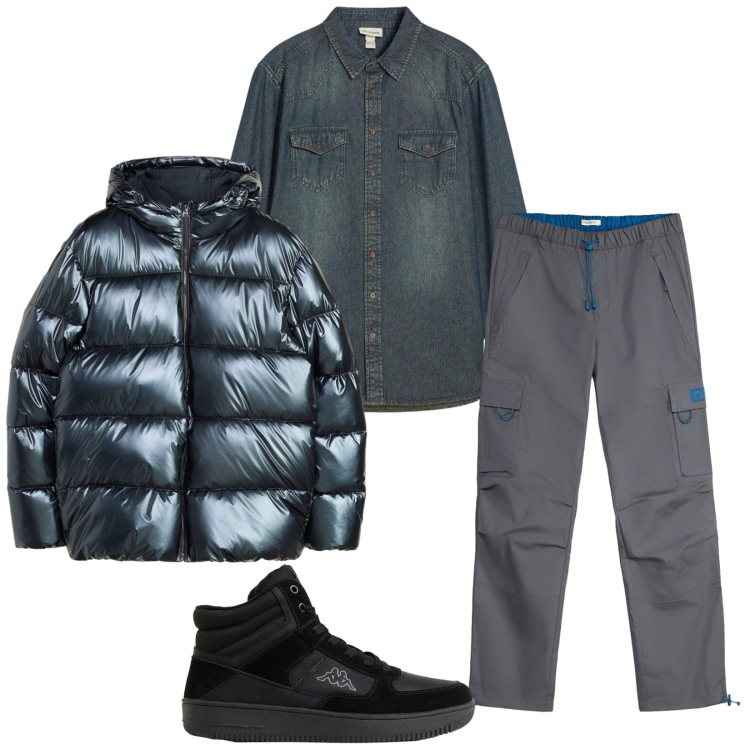 Outfit uomo - Total look #2493976. Stile Casual per Tutti i giorni. Abbinamento con piumini, sneakers alte, camicie, pantaloni cargo.