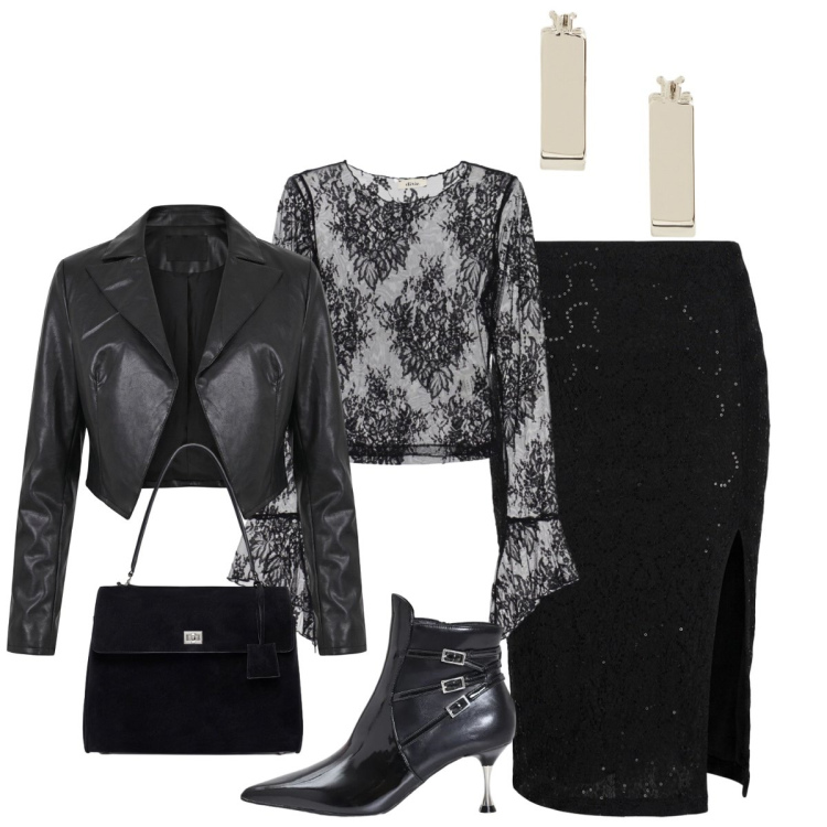 Outfit donna - Gothic Glam. Stile Glamour per Serata fuori. Abbinamento con borse a mano, orecchini, stivaletti, blazer, top, gonne longuette.