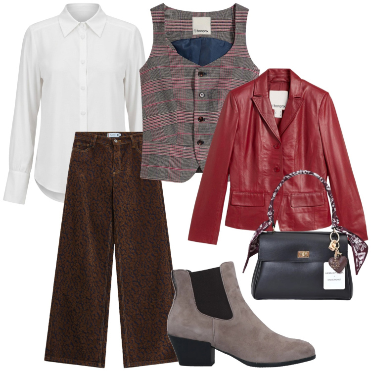 Outfit donna - Un tocco di colore. Stile Sporty chic per Tutti i giorni. Abbinamento con pantaloni a palazzo, camicie, borse a mano, stivaletti chelsea, blazer, gilet.
