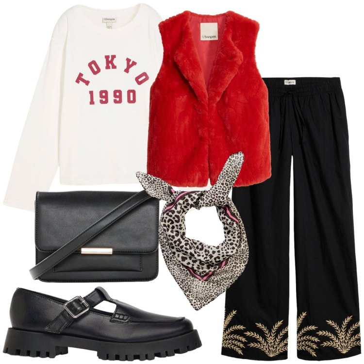 Outfit donna - Gilet caldo. Stile Casual per Scuola/Università. Abbinamento con mocassini, piumini, pantaloni a palazzo, maglieria, foulard, borse a tracolla.