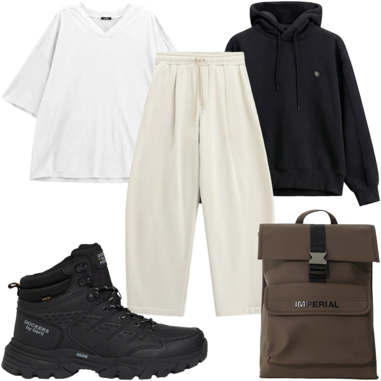 Outfit uomo - Total look #2493998. Stile Casual per Tutti i giorni. Abbinamento con pantaloni, borse sportive, felpe con cappuccio, t-shirt, stivali e stivaletti.