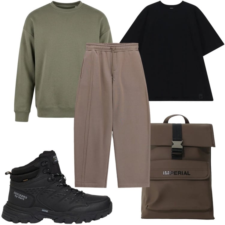 Outfit uomo - Total look #2493999. Stile Casual per Tutti i giorni. Abbinamento con pantaloni, borse sportive, felpe, t-shirt, stivali e stivaletti.