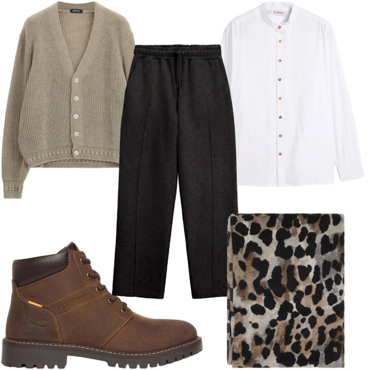 Outfit uomo - Total look #2494000. Stile Casual per Tutti i giorni. Abbinamento con cardigans, pantaloni, sciarpe e foulard, camicie, stivali e stivaletti.