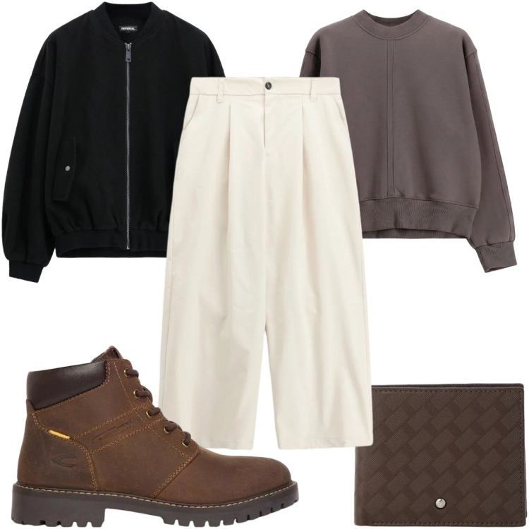 Outfit uomo - Total look #2494001. Stile Casual per Tutti i giorni. Abbinamento con pantaloni, felpe, bomber, portafogli, stivali e stivaletti.