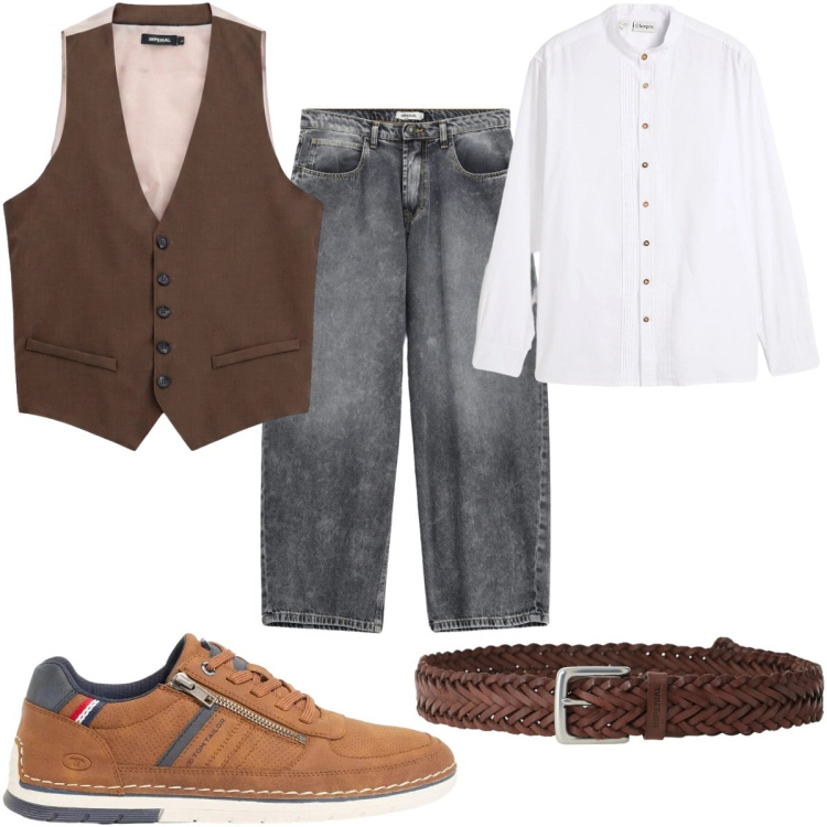 Outfit uomo - Total look #2494002. Stile Casual per Tutti i giorni. Abbinamento con gilet, jeans, cinture, camicie, sneakers.