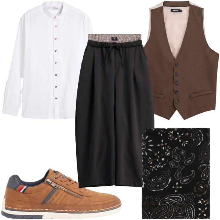 Outfit uomo - Total look #2494003. Stile Trendy per Tutti i giorni. Abbinamento con pantaloni, gilet, sciarpe e foulard, camicie, sneakers.