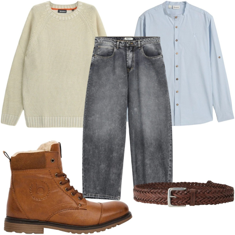 Outfit uomo - Total look #2494004. Stile Casual per Tutti i giorni. Abbinamento con jeans, maglieria, cinture, camicie, stivali e stivaletti.