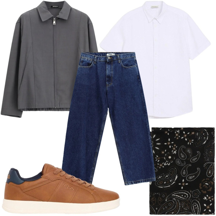 Outfit uomo - Total look #2494013. Stile Casual per Tutti i giorni. Abbinamento con jeans, sciarpe e foulard, cappotti, camicie a manica corta, sneakers.
