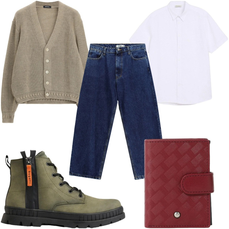 Outfit uomo - Total look #2494015. Stile Casual per Tutti i giorni. Abbinamento con cardigans, jeans, portafogli, camicie a manica corta, stivali e stivaletti.